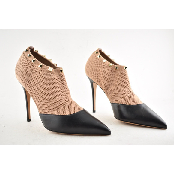 Valentino Rockstud Black Leather Nude Sock Stud Heel Short Ankle Boot Bootie 41 - Picture 4 of 12